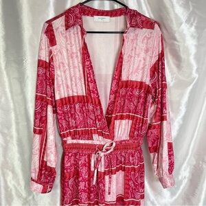 Halfheart Red & Pink Paisley Knit Jumpsuit – Plunge V-Neck Loungewear - Medium